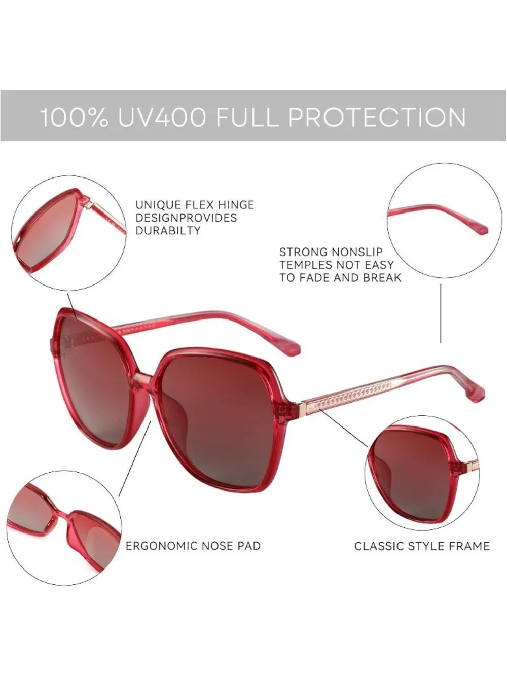 Women's Polarized Oversized Square Sun Glasses Shades UV400 Protection C07 Pink
